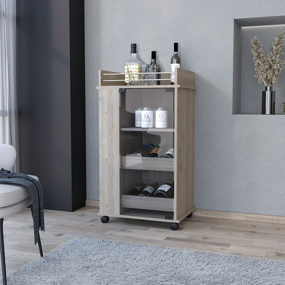 Gray Entertaining Cart With Functional And Shelves Bar For Organizing Beverages Accessories