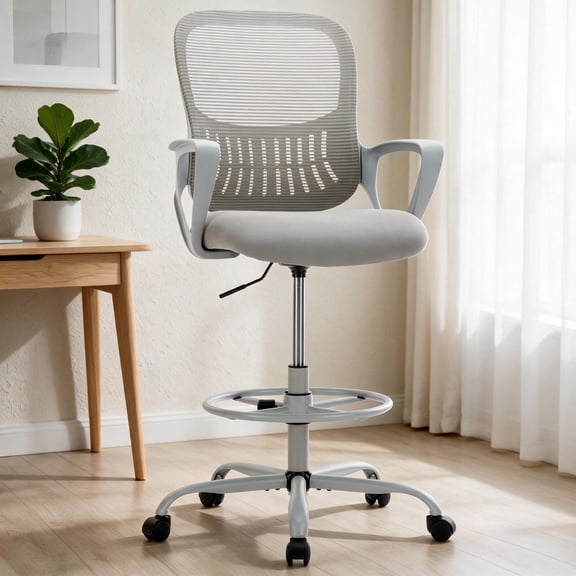 Gray Ergonomic Drafting Chair, Tall Chair for Standing Desk with Breathable Mesh Back & Adjustable Foot-Ring, for Meeting Room, Office and Home
