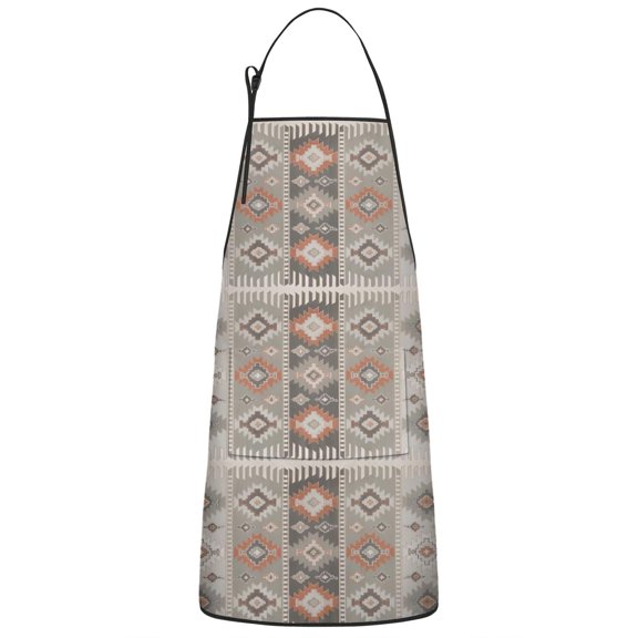 Gray Ethnic Rhombus and Triangle Pattern Apron-Garden Aprons for Women with Pockets-Cotton Linen Waterproof Kitchen Cooking Gardening Aprons Adjustable for Kitchen,Cooking,BBQ and Salon 33x27 Inch