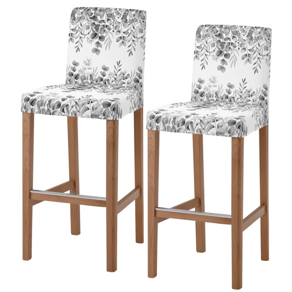 Gray Eucalyptus Bar Stool Cover Set of 2, Spring Summer Farmhouse Leaves Watercolor Stretch Bar Chair Cover, Removable Washable Pub Counter Stool Chair Slipcover for Kitchen Dining Room Pub Cafe