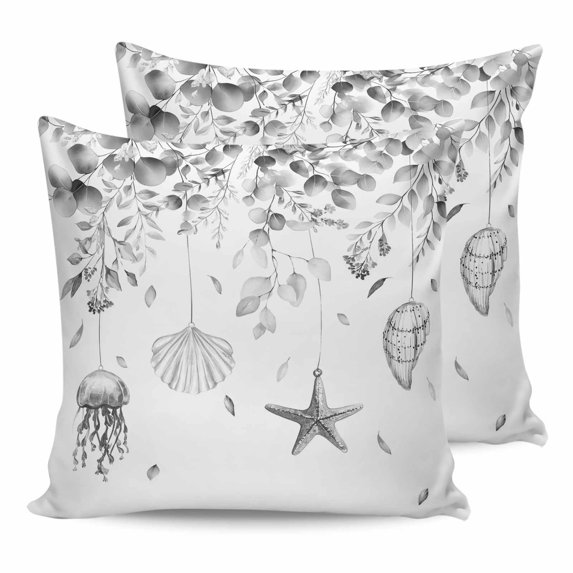 Gray Eucalyptus Coastal 20x20 Pillow Covers Set of 2, Beach Starfish Shells Throw Pillow Covers Decorative Couch Cushion Case, Microfiber Square Pillowcases for Bedroom Car Living Room