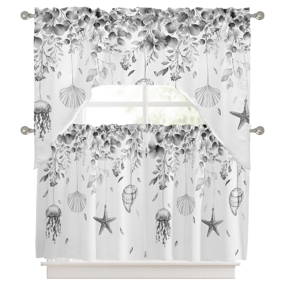 Gray Eucalyptus Coastal 3 Pieces Swag Kitchen Curtains Set, Beach Starfish Shells Valance Swag & Small Window Tier Curtain 24 Inches Long, 56" x 36" Valance Topper Drapes for Cafe/Bedroom