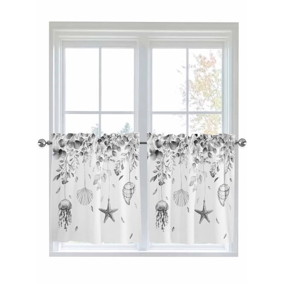 Gray Eucalyptus Coastal Half Window Curtains 24 Inches Long, Beach Starfish Shells Window Treatment Curtain Drapes, Short Curtains Tiers for Kitchen Over Sink, 27.5"x24", 2 Panels