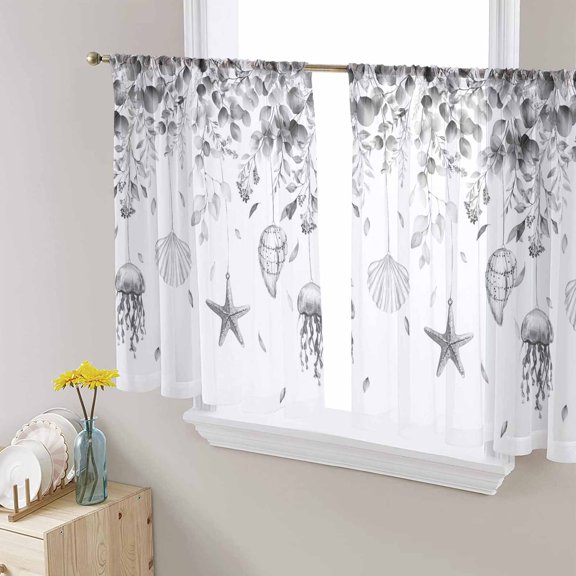 Gray Eucalyptus Coastal Semi Sheer Window Curtains 45 Inches Long, Beach Starfish Shells Rod Pocket Voile Silky Chiffon Curtain Treatment Drapes for Kitchen, Living Room, 52"x45", 2 Panels