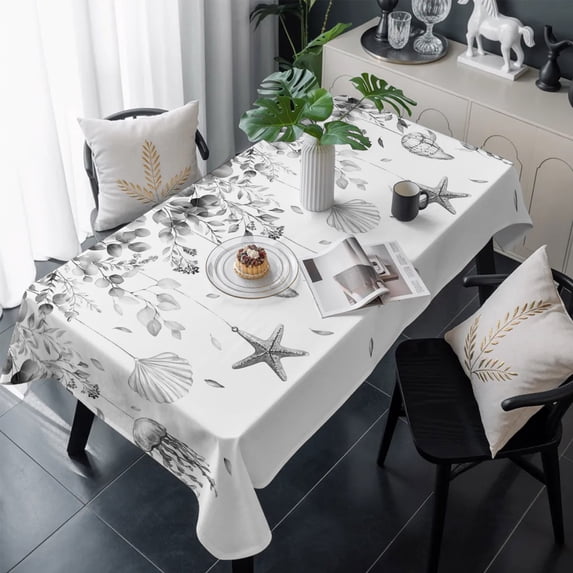 Gray Eucalyptus Coastal Table Cloth Waterproof Tablecloths, Beach Starfish Shells Tablecloth Dining Table Cover for Kitchen Party Tabletop Outdoor, Rectangle Tablecloth 54x108 Inch