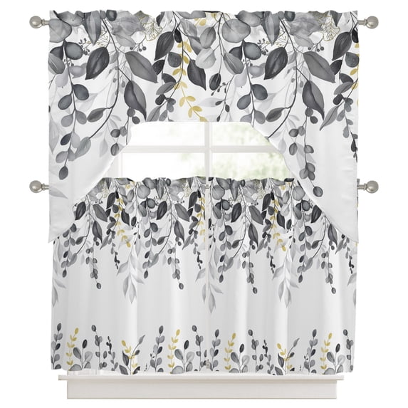 Gray Eucalyptus Leaves 3 Pieces Swag Kitchen Curtains Set, Farmhouse Botanical Watercolor Valance Swag & Small Window Tier Curtain 24 Inches Long, 56" x 36" Valance Topper Drapes for Cafe/Bedroom