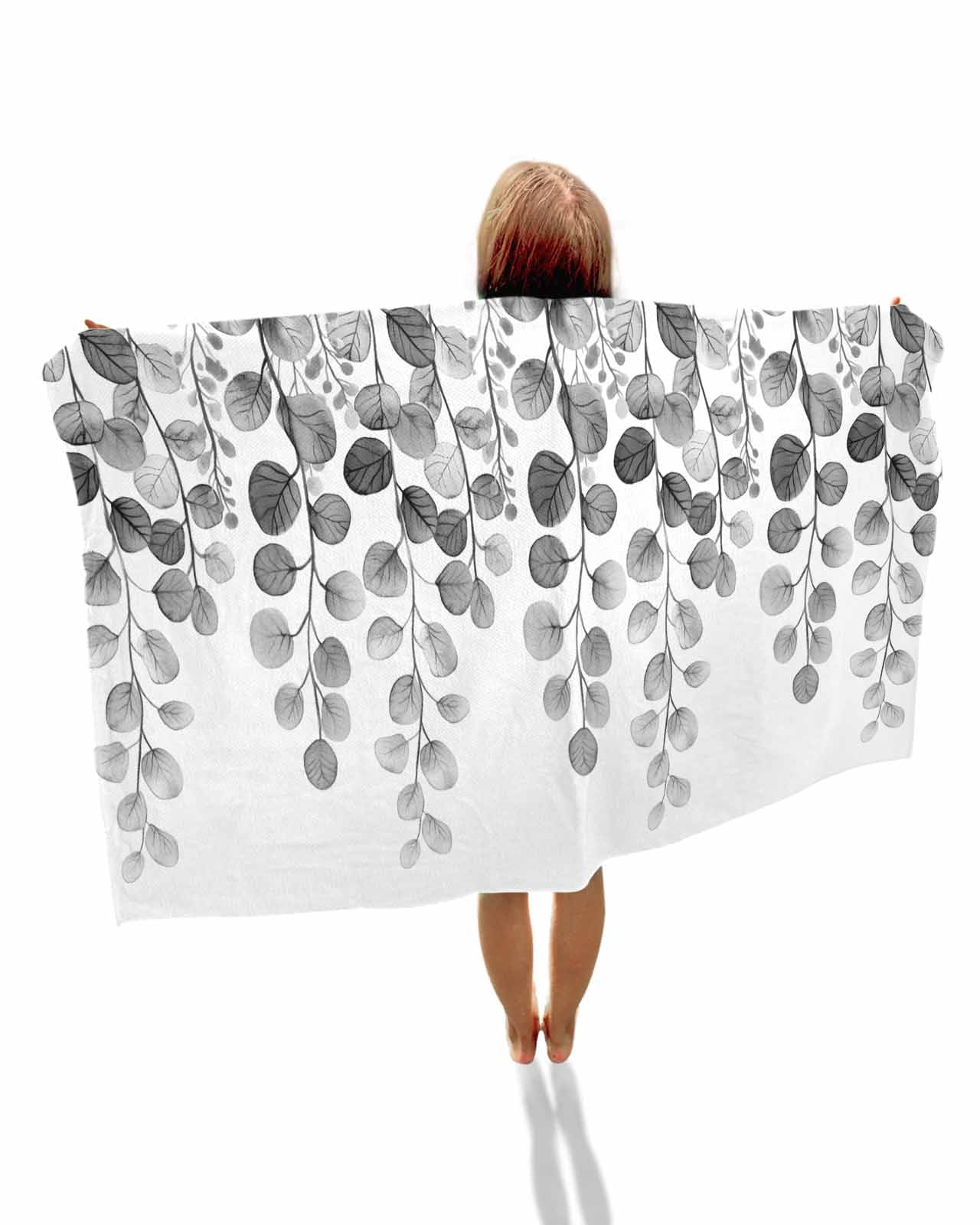 Gray Eucalyptus Leaves Beach Towels Oversized Super Absorbent, Watercolor Floral Leaf Plants Lightweight Bath Towel Quick Dry Sets For Bathroom/Pool/Rv Camping/Beach Play/Gym Room/Picnic 31"x62"