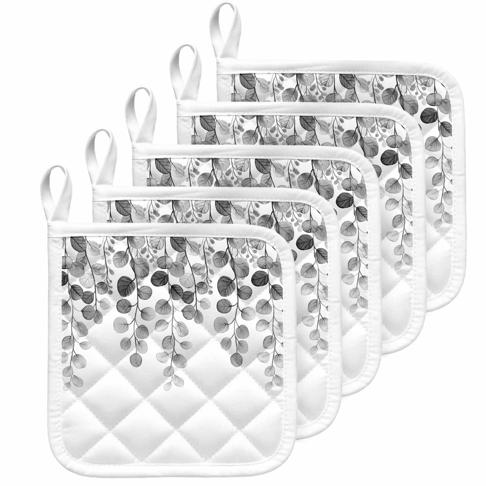 Gray Eucalyptus Leaves Pot Holders for Kitchen Heatproof Potholder, 5 Pack Watercolor Floral Leaf Plants Hot Pads Multipurpose Oven Pads Cloth Potholders Trivet for Cooking Baking