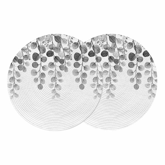 Gray Eucalyptus Leaves Round 15 Inch Placemats Set of 2, Watercolor Floral Leaf Plants HeatResistant Non Slip Place Mats for Dining Table, Wipeable Braided Kitchen Table Mats for Housewarming