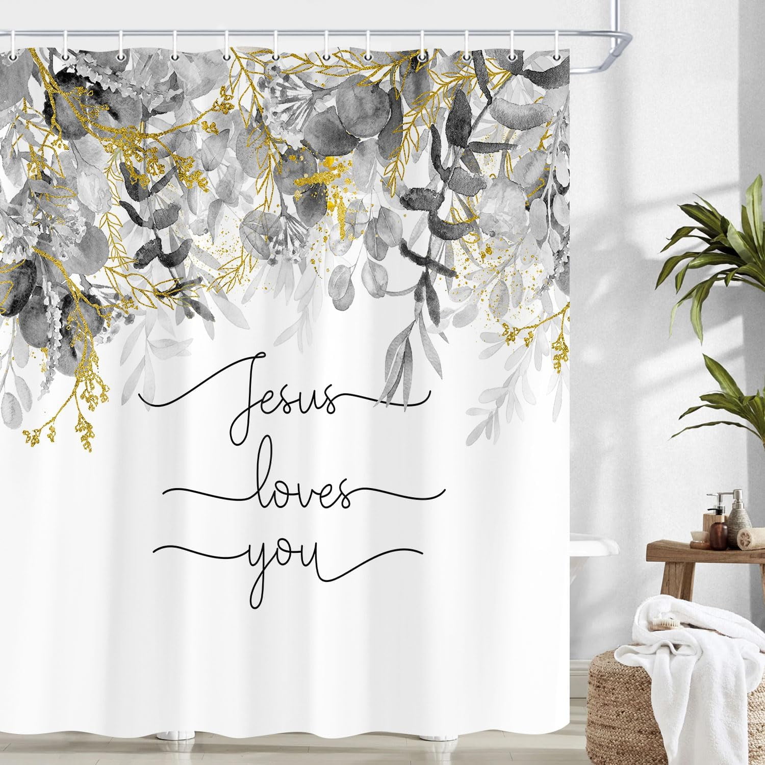 Ruelvth Green Eucalyptus Shower Curtain, Spring Watercolor Plant Leaves With Floral Shower Curtain For Bathroom Waterproof Fabric Shower Curtain Set With Hooks, 72x72 Inch