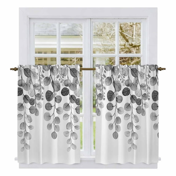 Gray Eucalyptus Leaves Tier Curtains, Watercolor Floral Leaf Plants Light Filtering Kitchen Curtains, 2Pcs Rod Pocket Half Window Treatments Panels for Sink Cafe Cabinet Basement 27.5x45 Inches
