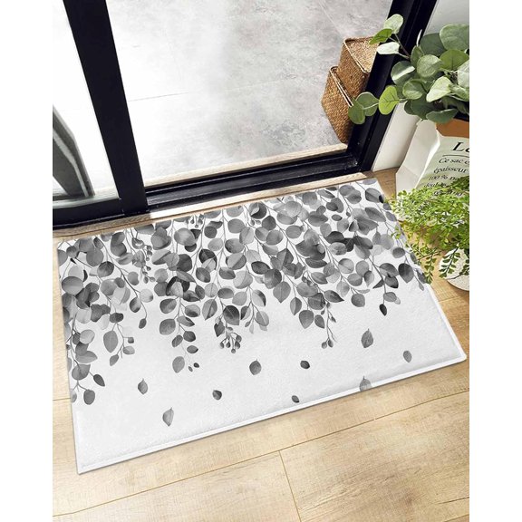 Gray Eucalyptus Leaves Watercolor Leaf Doormat Shaggy Plush Rug, Comfy Furry Floor Area Rugs Country Botanical Cozy Throw Shag Carpets Indoor Entrance Decor Door Mats