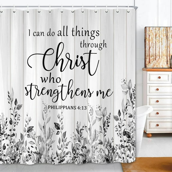 Rustic Eucalyptus Shower Curtain with Inspirational Quote | Gray Leaves on Wood Plank Design, Fabric 70x75 Inches