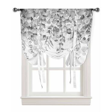 Gray Eucalyptus Tie Up Curtains for Kitchen Bathroom Bedroom Windows 45 Inch Length, Spring Summer Botanical Floral Leaves Country Balloon Drape Curtains Shade Rod Pocket Curtain Panel, 42"x45"