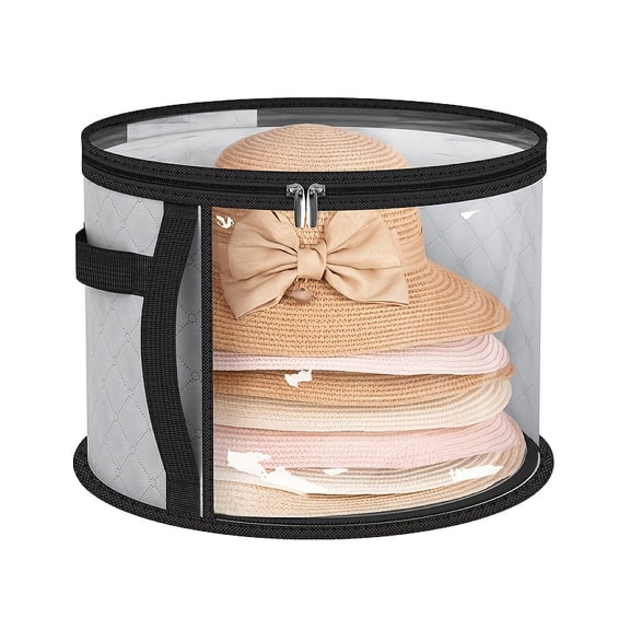 Gray Extra Large Foldable Hat Storage Box, Non-Woven Polyester Hat Organizer with Reinforced Handles, Dual Zippers Clear Window, Lightweight Dustproof Storage Container for Baseball, Sun & Beach Hats