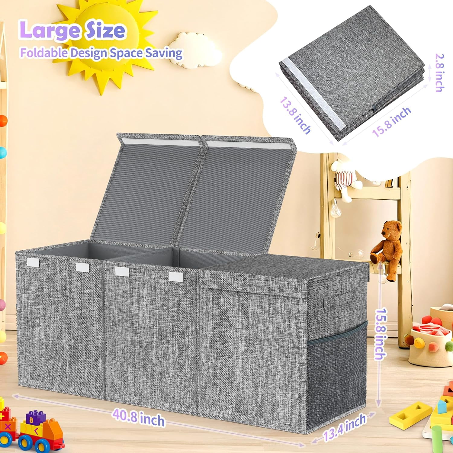 Gray Extra Large Toy Box Chest with Lids, Collapsible Sturdy Storage ...