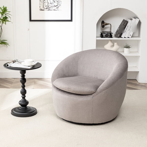 Gray Fabric Barrel Chair with Polyester Filler | 360° Swivel for Studios and Leisure Areas | Stable Metal Base and Cozy Seating