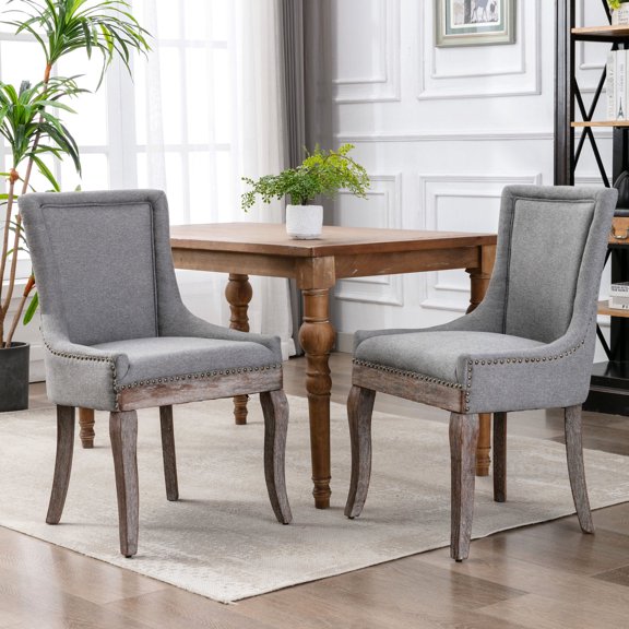 Gray Fabric Chairs with Solid Wood Legs and Nail Head Decor / Fit for Dining Spaces, Pair of Comfort