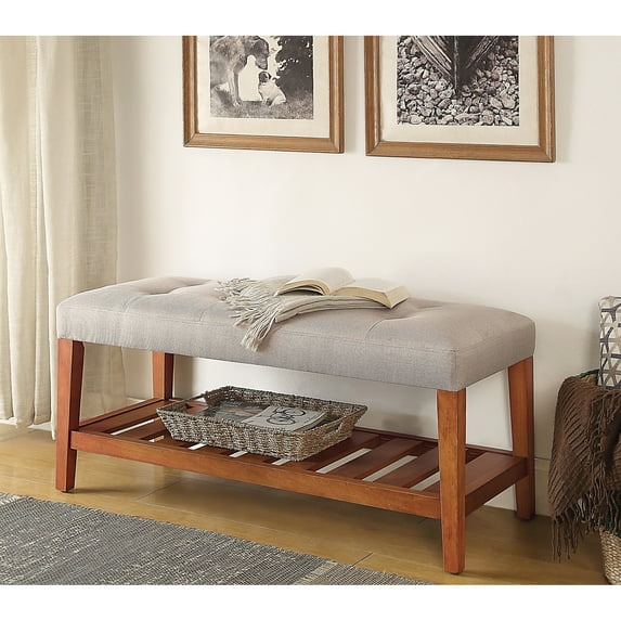 Gray Fabric & Oak Finish Bench - 40" Seat Width, 16" Depth, 18" Height Padded For Comfort Wooden Slatted Shelf Storage Synthetic Wood 16.19 In. Depth Comfortable Seating Option
