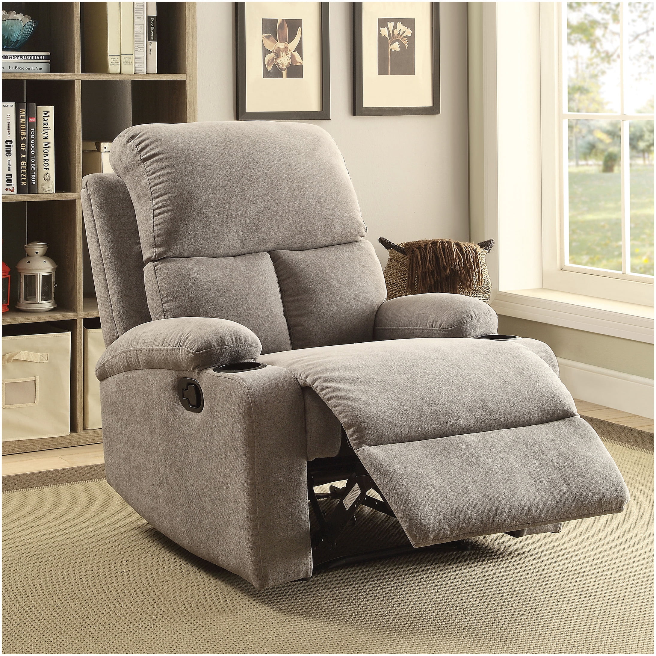 Gray Fabric Recliner Chair with Cup Holder and Smooth Motion Mechanism for Living Room
