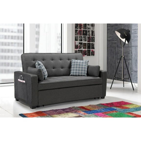Gray Fabric Sleeper Sofa with USB Charging Ports, Bed, and Pillows
