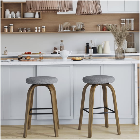 Gray Fabric Swivel Stools Set of 2, Backless Counter Height Stools with Metal Foot Ring, for Kitchen, Bar, Restaurant