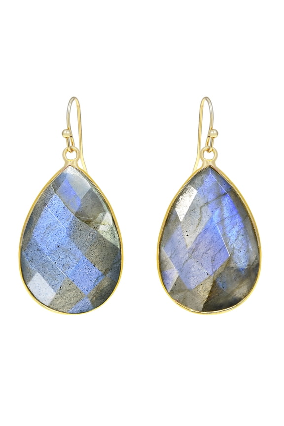 Gray Facets Labradorite Teardrop Gold-Plated Dangle Earrings