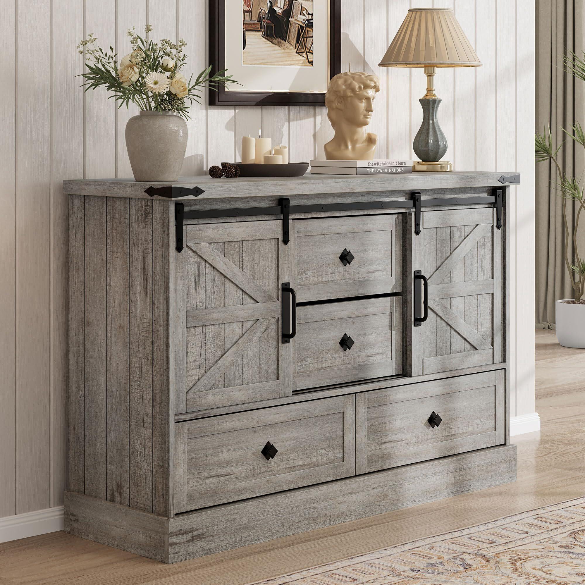 Gray Farmhouse 4 Drawer Dresser with Sliding Barn Doors 45in Wood ...
