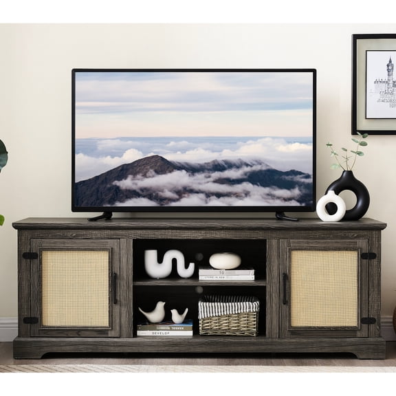 Gray Farmhouse TV Console | Fits Up to 70-Inch TVs, Multifunctional Use | Handmade Natural Rattan Doors, MDF Construction | Handles Cable Management with 6 Cutouts
