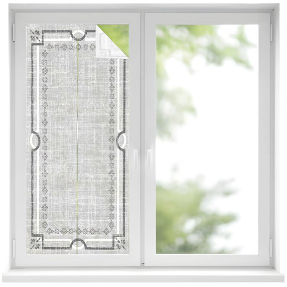 Gray Farmhouse Window Privacy Film Linen Texture Geometric Lines Floral Boho Decorative Glass Window Film UV Blocking Static Cling Non-Adhesive Sticker Covering for Home Door 17.7 x 39.3 inches