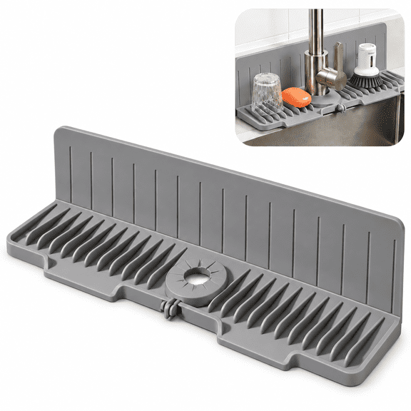 Gray Faucet Mat for Kitchen Sink, 24 Inch Silicone Faucet Drain Pad with High Backsplash Splash Guard Behind Faucet, Self Draining Sink Protector with Suction Cups for Countertop Water Protection