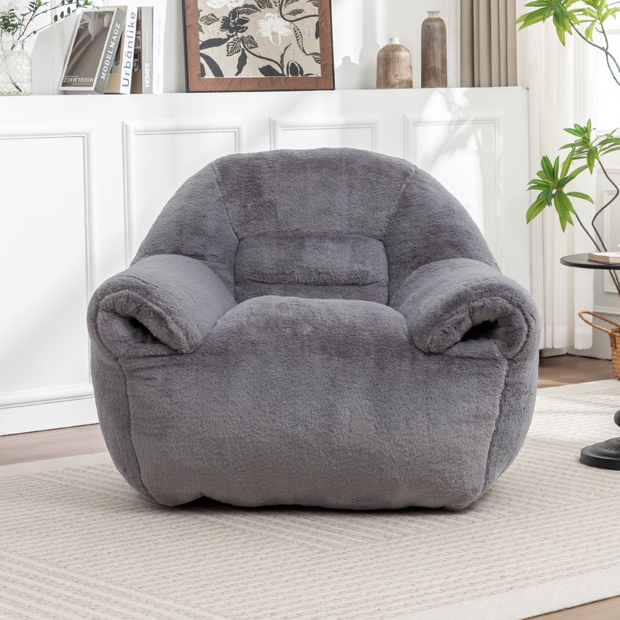 Gray Faux Fur Bean Bag Chair with Back Support, Pre-Filled Comfy Floor Sofa for Adults, for Living Room, Bedroom, Dorm Room