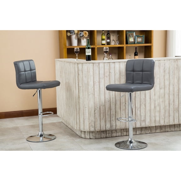 Gray Faux Leather - Built - in Footrest & Adjustable - Bar and Counter Use - Comfortable Foam Cushion Set