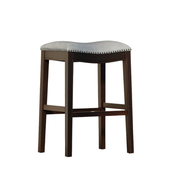 Gray Faux Leather Nailhead Trim Bar Height Stool Solid Hardwood Frame Metal Cap Footrest Armless Counter Height Kitchen Island Bar Chair