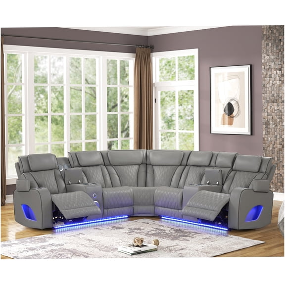 Gray Faux Leather Reclining Sectional Sofa with Power Massage, Bluetooth, and LED Ambient Lighting