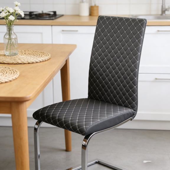 Gray Faux Leather Side Chairs Set of 2, Diamond Pattern Stitching Chrome Metal Base, Contemporary Dining Chairs for Small Kitchen & Dining Room