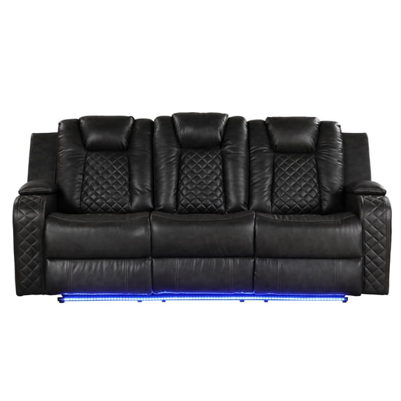 Gray Faux Leather Sofa with Power Recline and LED / One-Touch Control and MDF+Solid Wood Filler