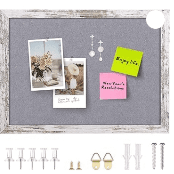 Gray Felt Bulletin Board, Drative Hanging Bulletin Boards for Walls with Rustic Wood Frame, Pin Board Vision Board for Office Home and School with Pins, Screws (2636,WH,1pc)