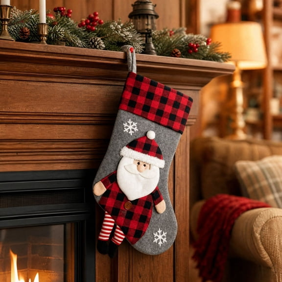 Gray Felt Christmas Stocking Candy Gift Bag with 3D Dangling Leg Santa Pattern and Plaid Cuff for Fireplace