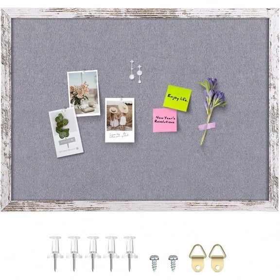 Gray Felt Cork Board Bulletin Board Decorative Hanging Cork Boards For Walls With White Rustic Wood Frame Pin Board Vision Board For Office Home And School With Pins Screws 6090 WH 1pc