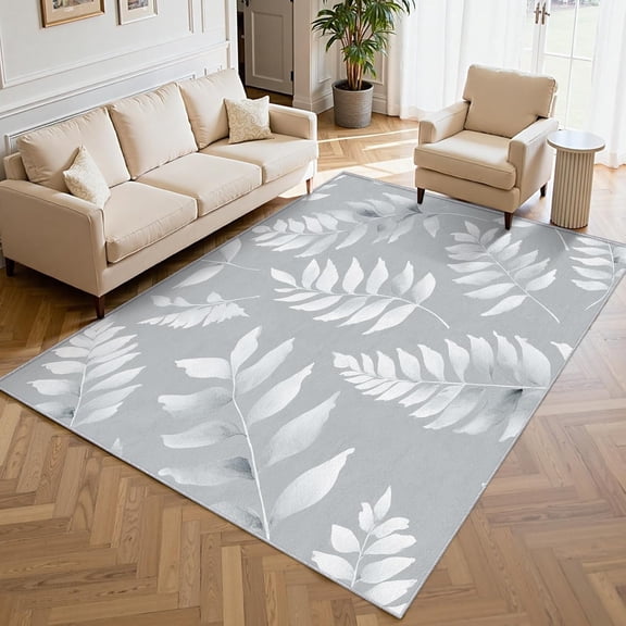 Gray Fern Leaf Area Rug, Botanical Pattern Carpet, Washable Non Slip Low Pile Soft Thin, Living Room Bedroom Home Decor Mat 5x8ft