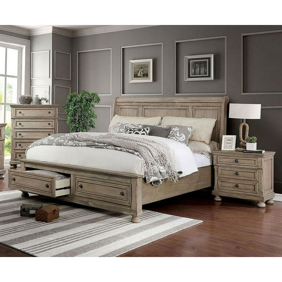 Gray Finish 3pc Bedroom Set Cal King Size Bed 2x Nightstands Transitional Style Footboard Drawers Sleigh Back design Headboard