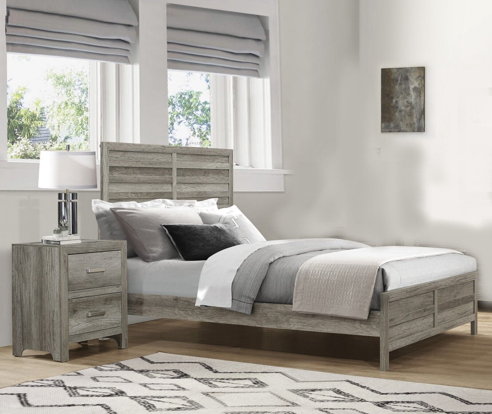 Gray Finish Bedroom Furniture 3pc Set Queen Size Bed and Two Nightstand ...