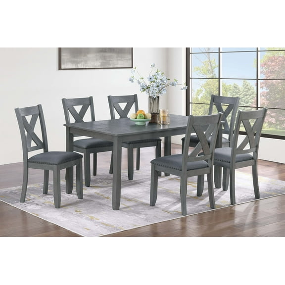 Gray Finish Dining Table 6x Chairs 7pcs Dining Set Cushion Seat Nailhead X-Cross Back Chairs Dining Room Furniture Modern Style