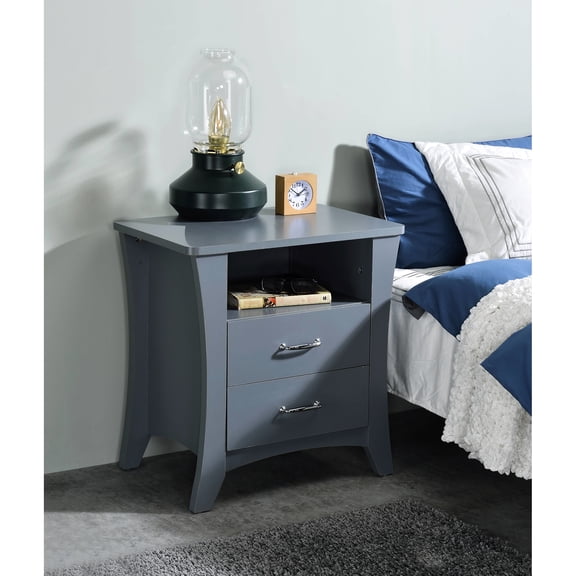 Gray Finish Nightstand With 2 Drawers And Open Compartment For Bedroom Organization Use Accent Table Storage Area Office