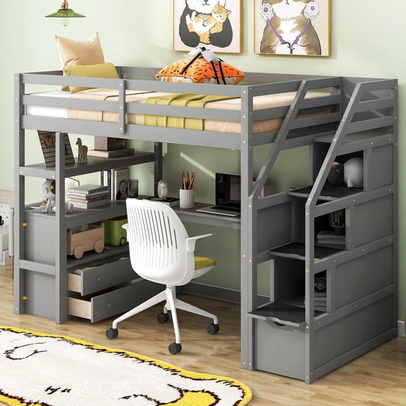 Gray Finish - Staircase with Storage - Family Bedroom - Access Upper Bunk Safely