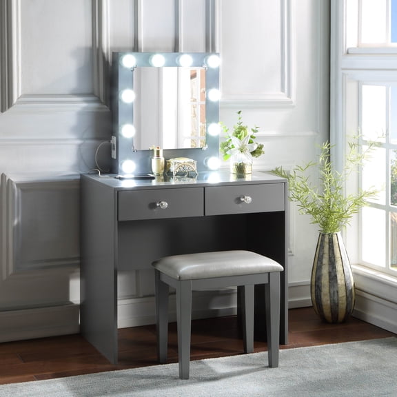 Gray Finish, USB - Enabled Makeup Vanity with 10 Lights and 2 Drawers - Create Luxury Bedroom Dressing Spot