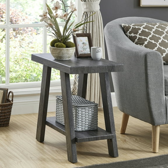Gray Finish Wood Side Table With Extra Shelf - Style, Hardwood Veneer Modern Inspired,