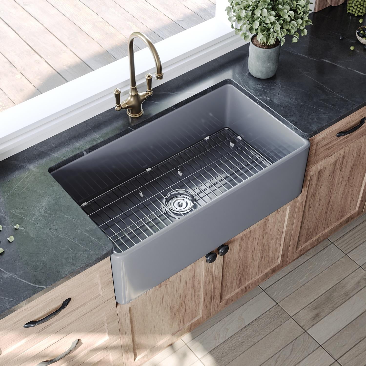 Gray 33" Fireclay Single Bowl Farmhouse Kitchen Sink