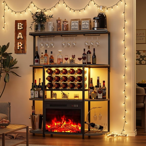 Gray + Fireplace Tall Bar Cabinet With Fireplace Insert, 4-Tier Wine Rack